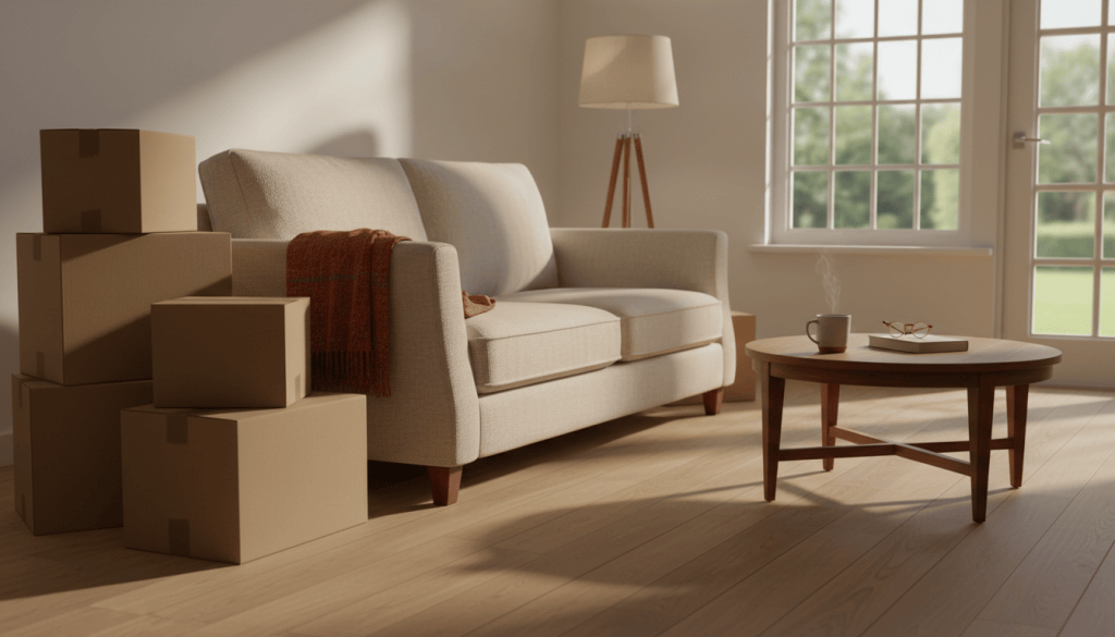 Cozy living room with a few moving boxes and a coffee mug, a home being prepared for a sale and move in Westchester