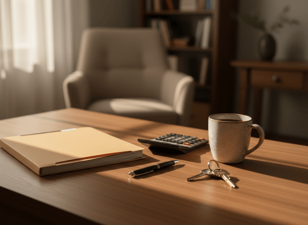 Desk with a paperwork folder, calculator, pen, coffee mug and house keys, representing closing costs for Westchester home buyers