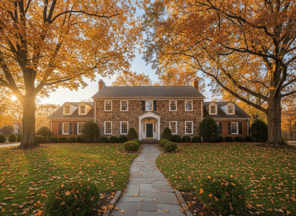 Brick and stone colonial home with golden fall foliage on a sunny morning in a Westchester County, NY style neighborhood