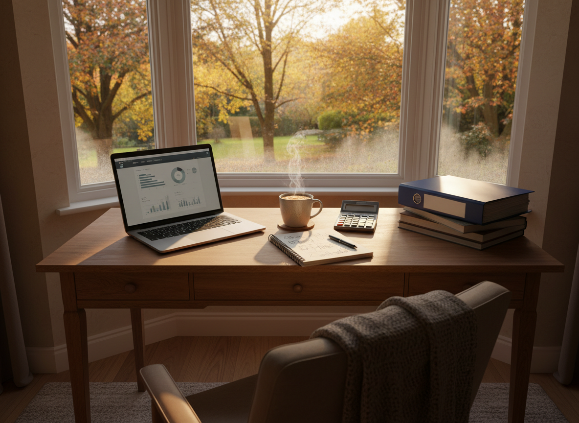 Desk with coffee, calculator and papers for reviewing Westchester property tax bills