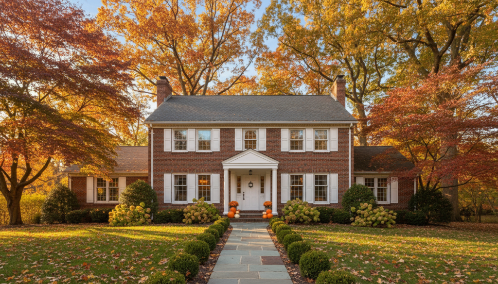 Colonial-style Westchester home with autumn foliage and a tidy front walkway