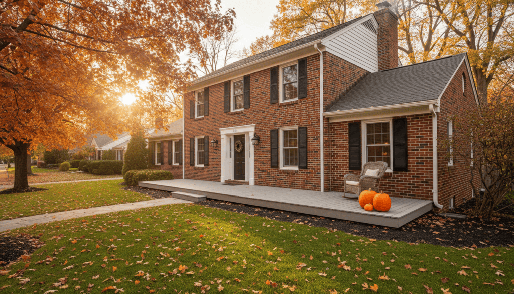 Colonial-style Westchester home with autumn foliage and a welcoming front walkway, ready for a fall sale